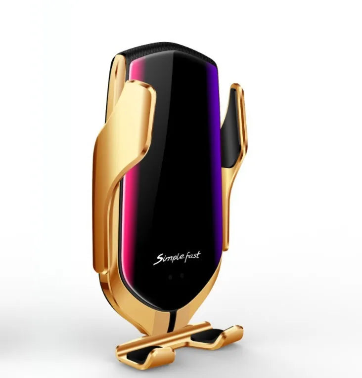 R1 Magic Clip automatic car phone holder with wireless charging in gold finish mounted on dashboard