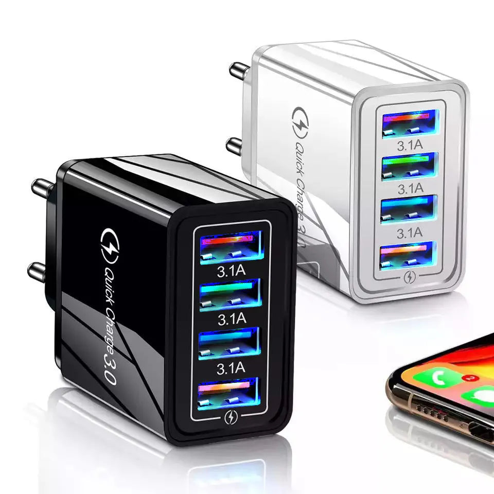 A compact 4-port USB mobile phone charger with a luminous light, shown in dark blue colour.
