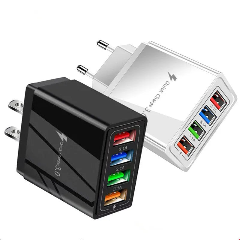 A compact 4-port USB mobile phone charger with a luminous light, shown in dark blue colour.