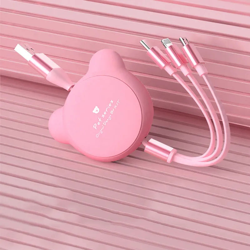 Telescopic bear-shaped data cable with three connectors: Mini USB, 30PIN, and Micro USB