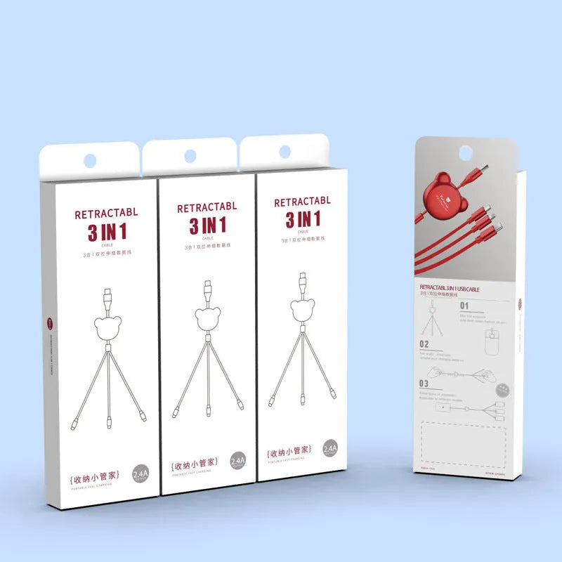 Telescopic bear-shaped data cable with three connectors: Mini USB, 30PIN, and Micro USB