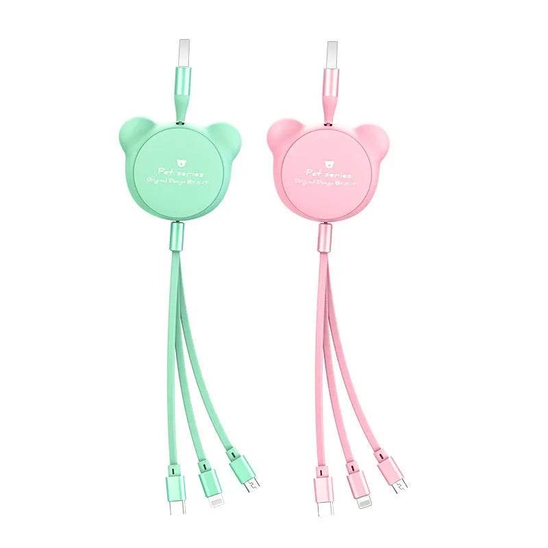 Telescopic bear-shaped data cable with three connectors: Mini USB, 30PIN, and Micro USB