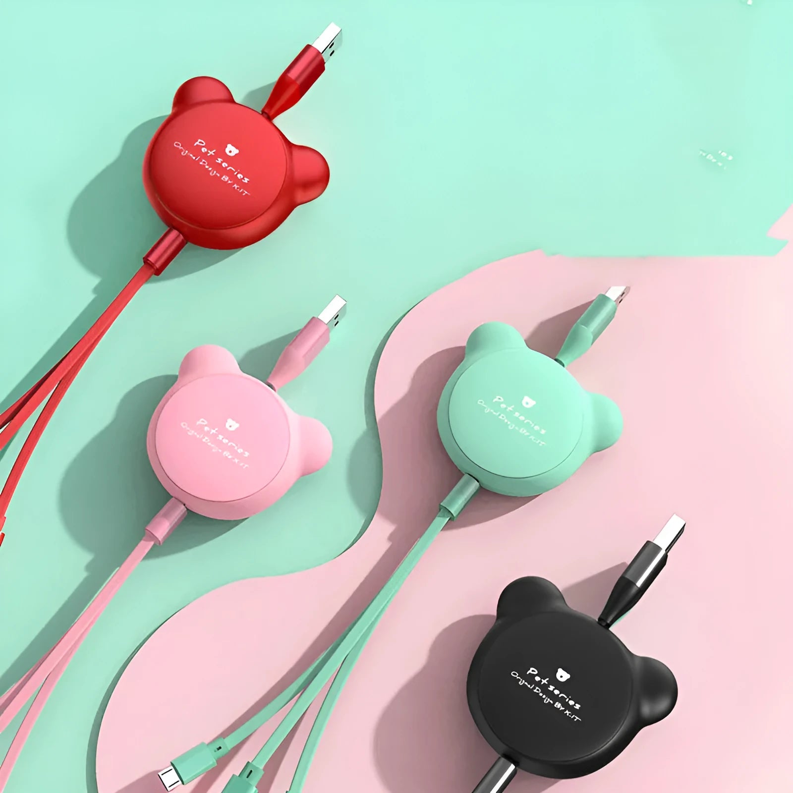 Telescopic bear-shaped data cable with three connectors: Mini USB, 30PIN, and Micro USB