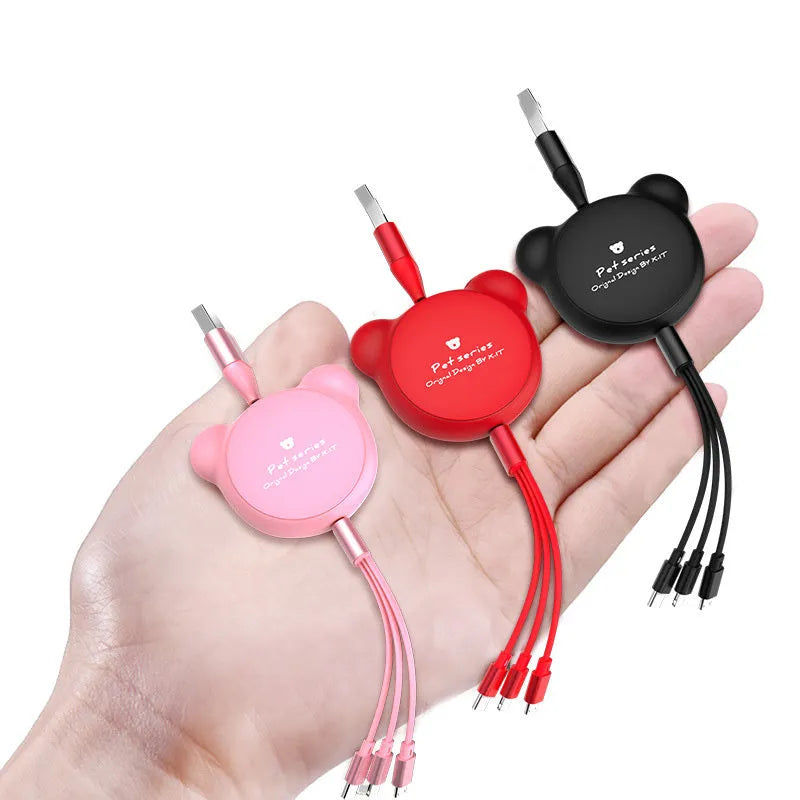 Telescopic bear-shaped data cable with three connectors: Mini USB, 30PIN, and Micro USB