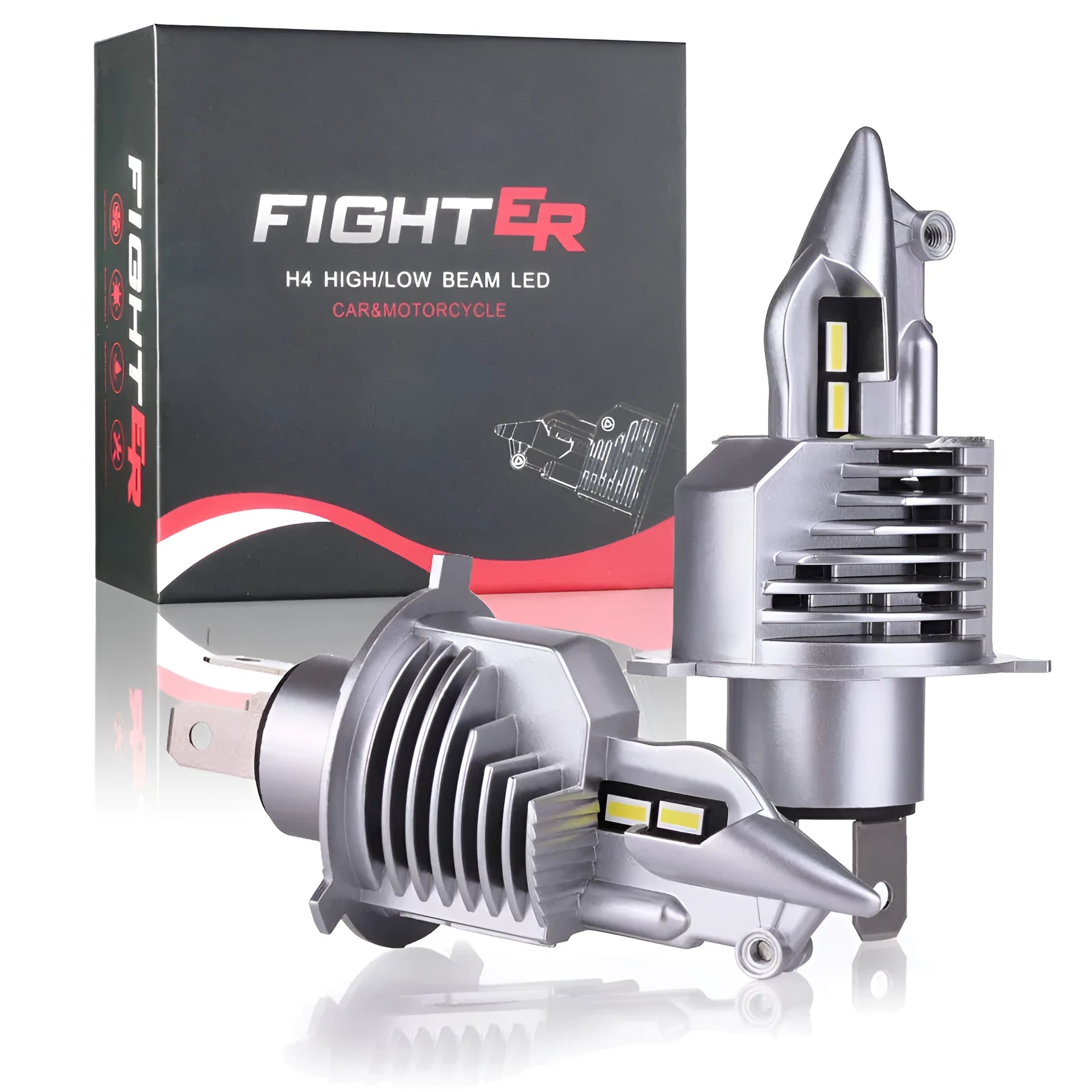Silver H4 LED car headlight with aluminium housing and high-power LED chip
