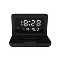 Wireless charger alarm clock showing calendar display with temperature and humidity readings