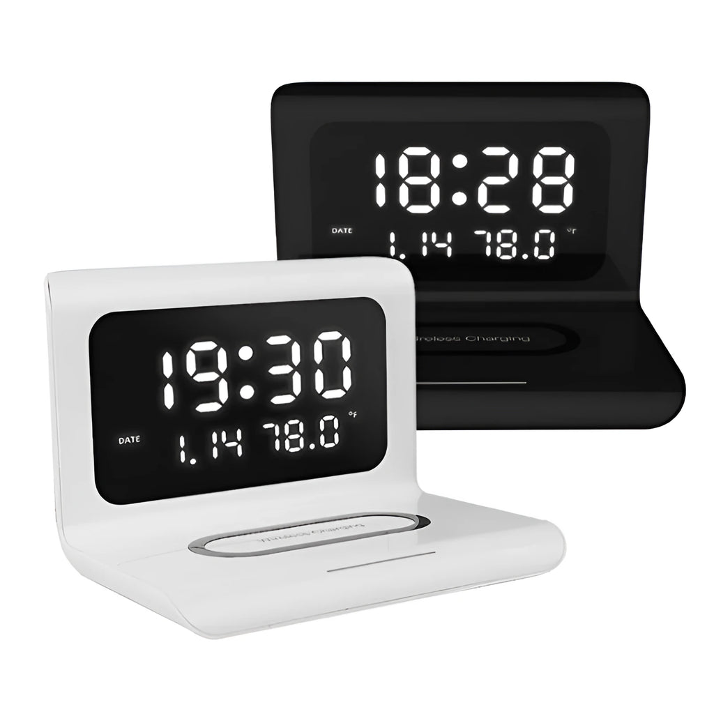 Wireless charger alarm clock showing calendar display with temperature and humidity readings