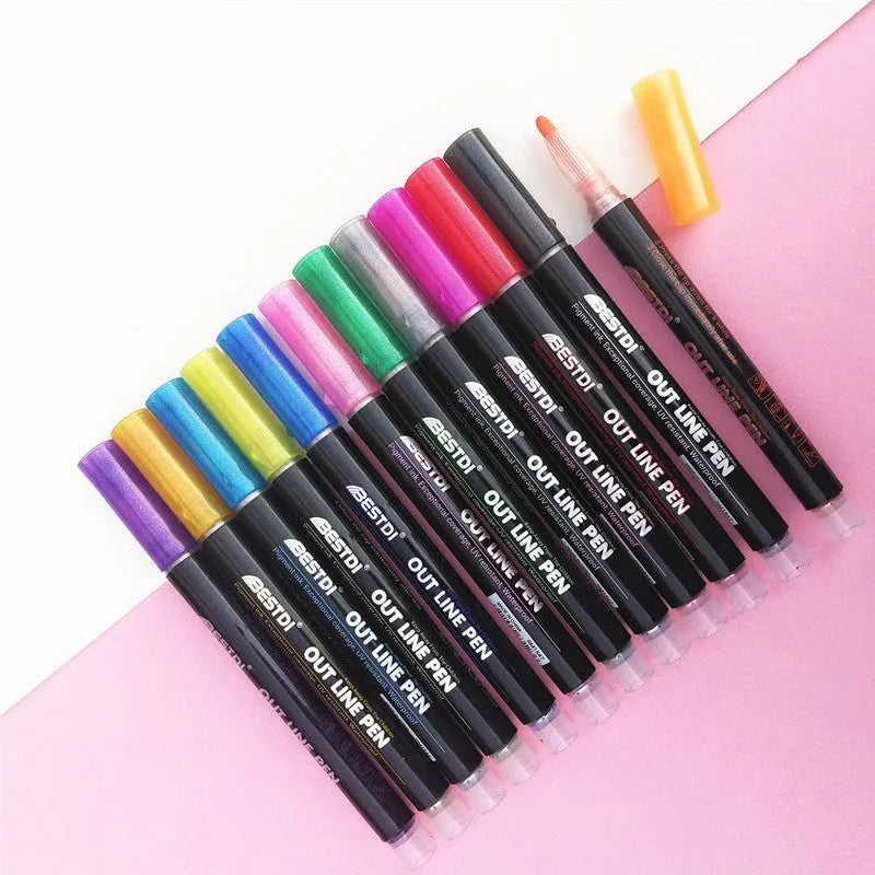 Boxed set of 12 double-line contour marker pens in assorted colours.