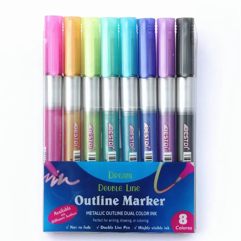 Boxed set of 12 double-line contour marker pens in assorted colours.