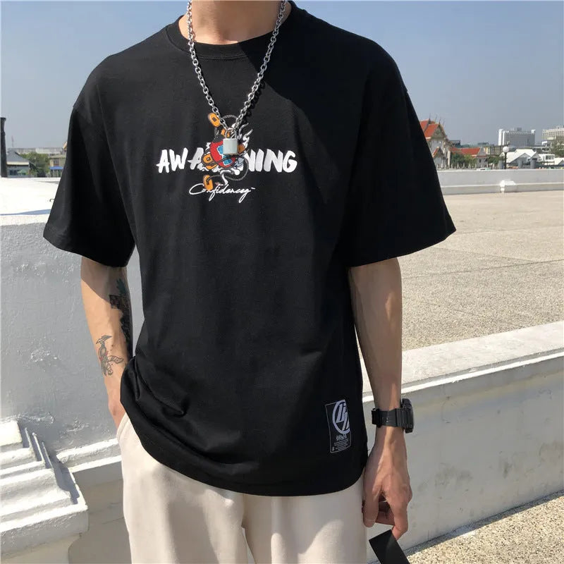 Men's loose fit short sleeve T-shirt with cartoon print, round neck, white colour, front view
