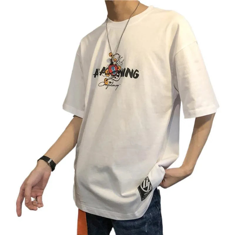 Men's loose fit short sleeve T-shirt with cartoon print, round neck, white colour, front view
