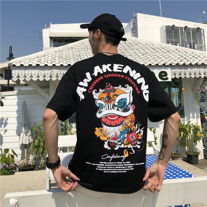 Men's loose fit short sleeve T-shirt with cartoon print, round neck, white colour, front view