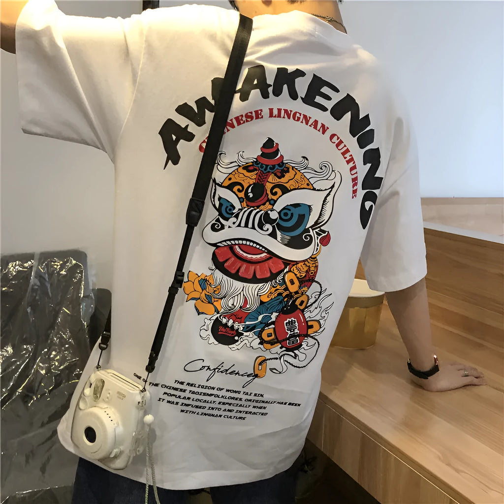 Men's loose fit short sleeve T-shirt with cartoon print, round neck, white colour, front view