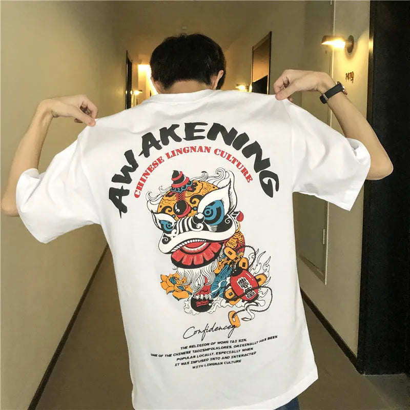 Men's loose fit short sleeve T-shirt with cartoon print, round neck, white colour, front view