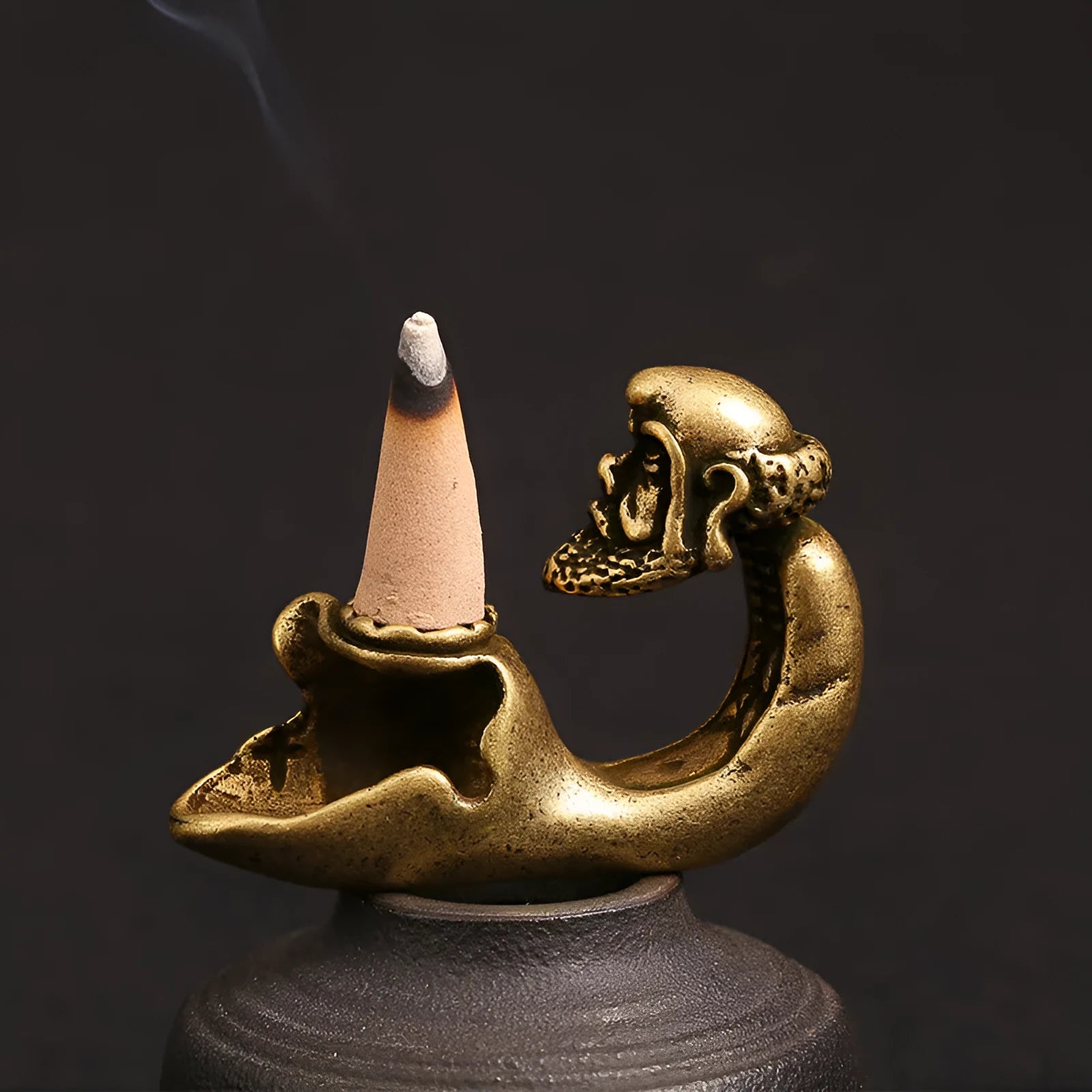 Classical brass hanging ornament for incense sticks, dharma colour, 60cm tall.