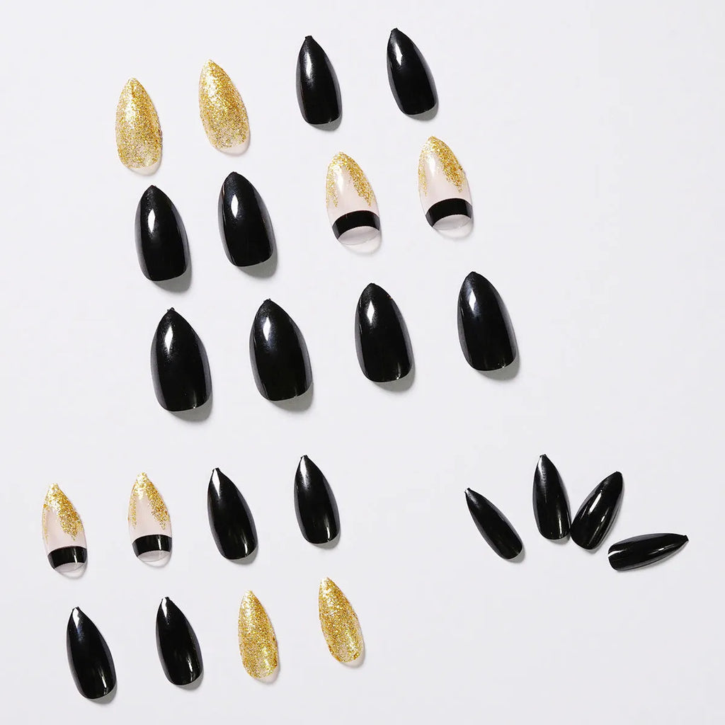 Black gold glitter pointed fake nails, 24 piece set, colour JP984