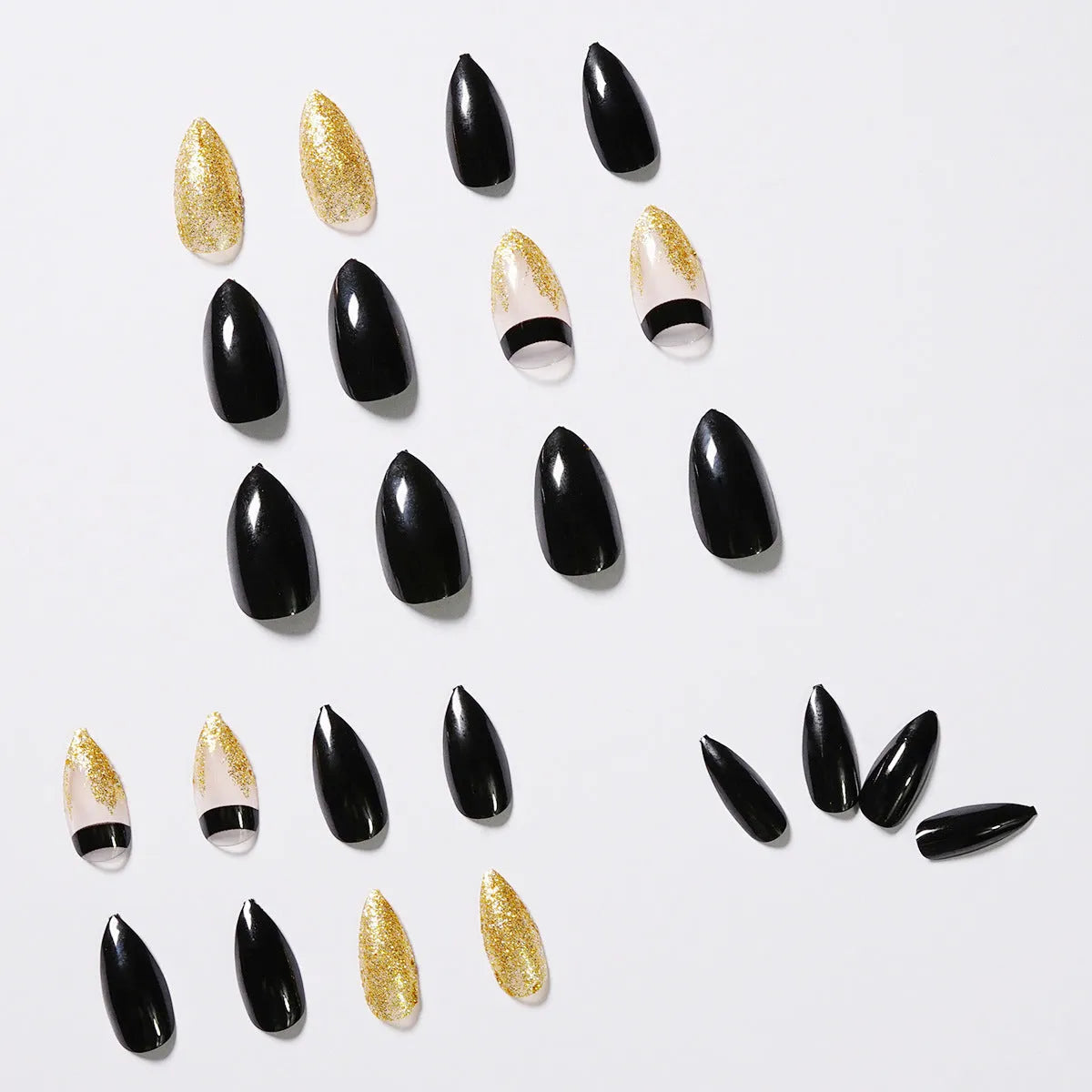 Black gold glitter pointed fake nails, 24 piece set, colour JP984