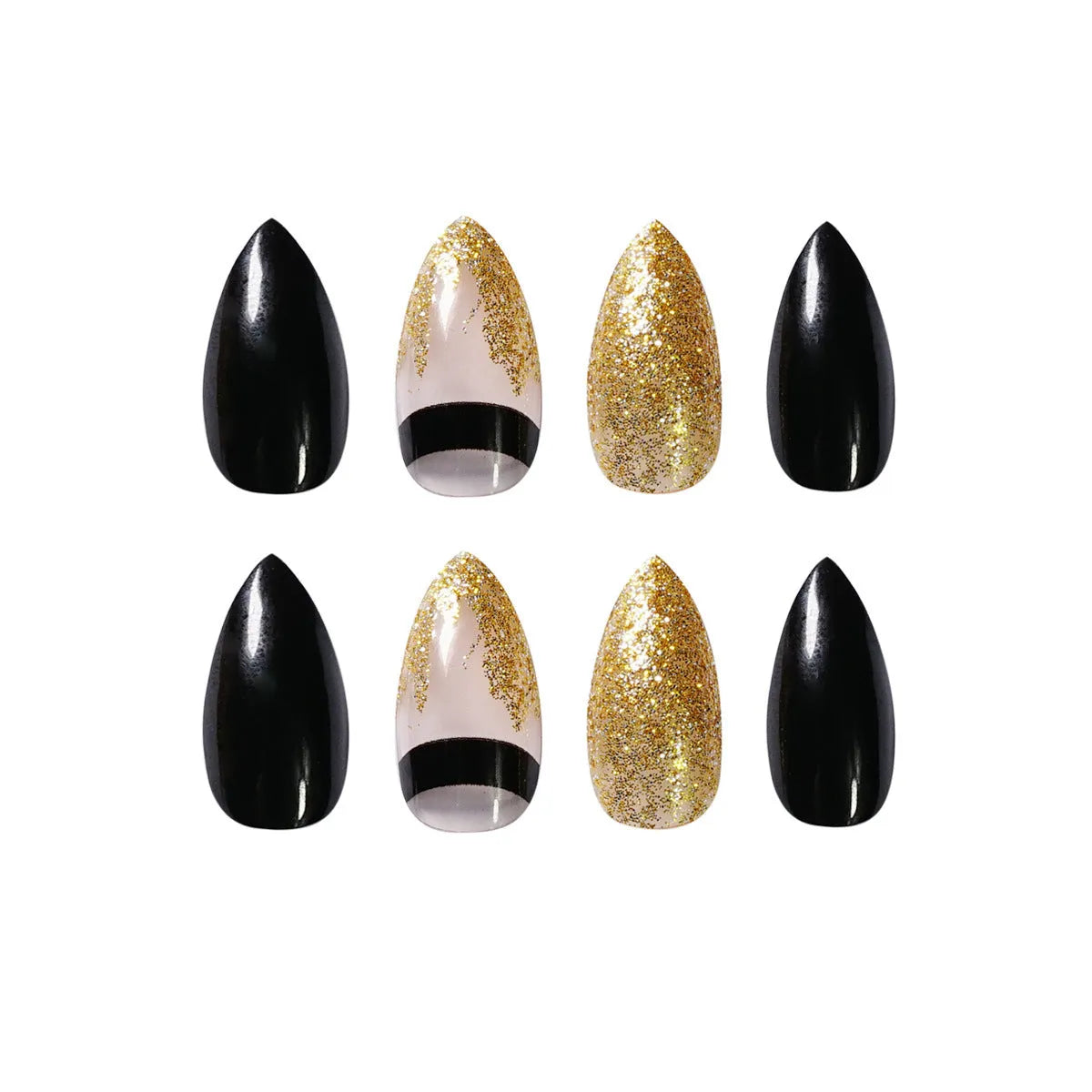 Black gold glitter pointed fake nails, 24 piece set, colour JP984
