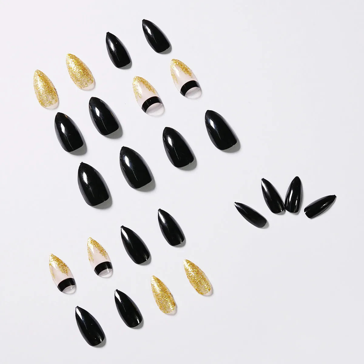 Black gold glitter pointed fake nails, 24 piece set, colour JP984