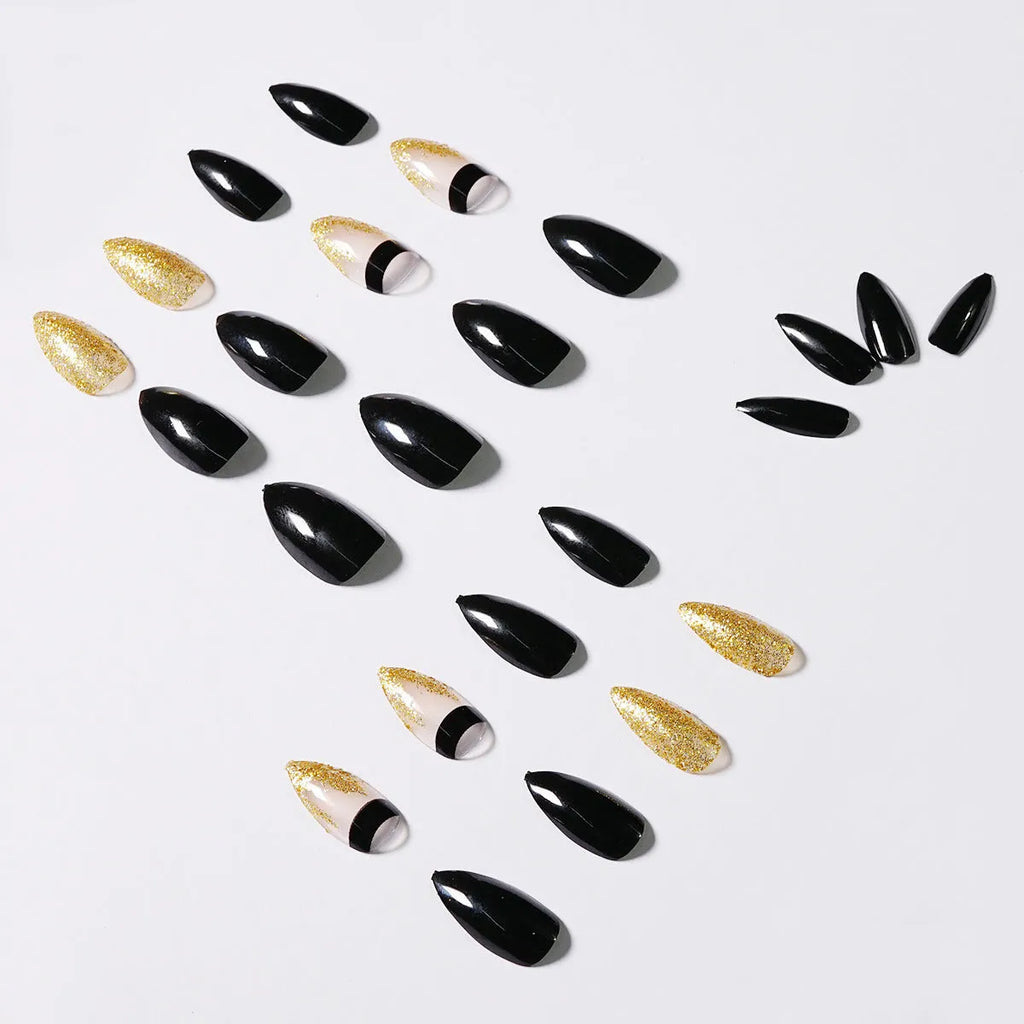 Black gold glitter pointed fake nails, 24 piece set, colour JP984