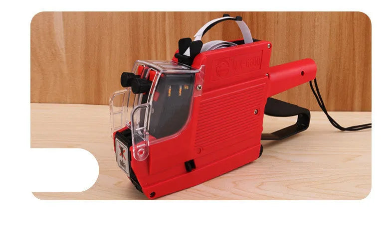 Manual supermarket price coding machine in blue, red, or yellow with paper rolls for bottle labelling