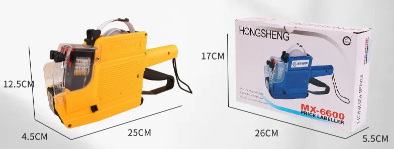 Manual supermarket price coding machine in blue, red, or yellow with paper rolls for bottle labelling