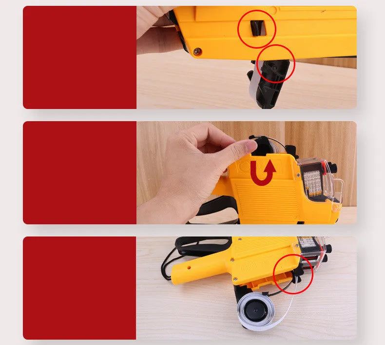 Manual supermarket price coding machine in blue, red, or yellow with paper rolls for bottle labelling