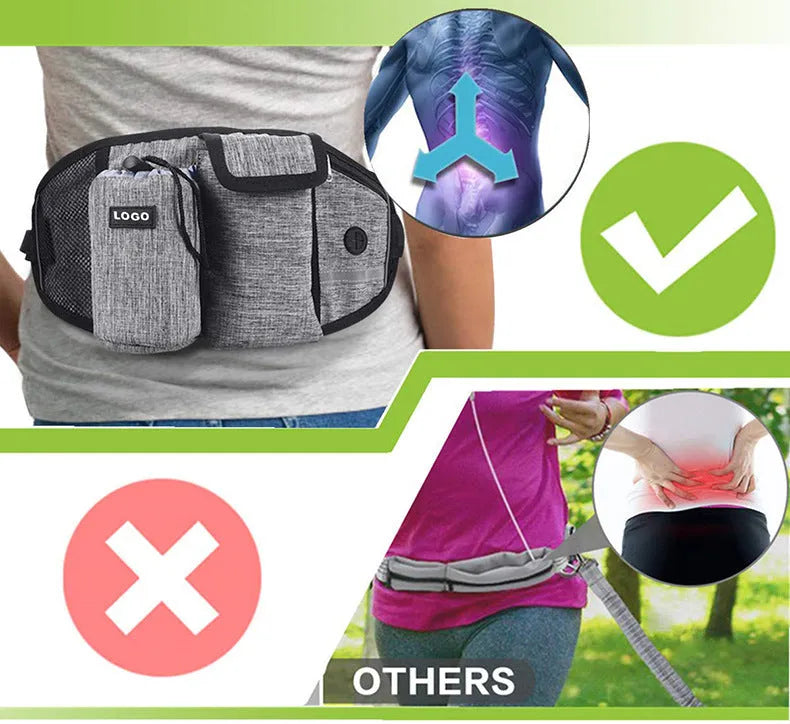 Dog training waist bag with drawstring pocket and mesh pouches for treats, clicker, and phone, in Oxford cloth, black colour