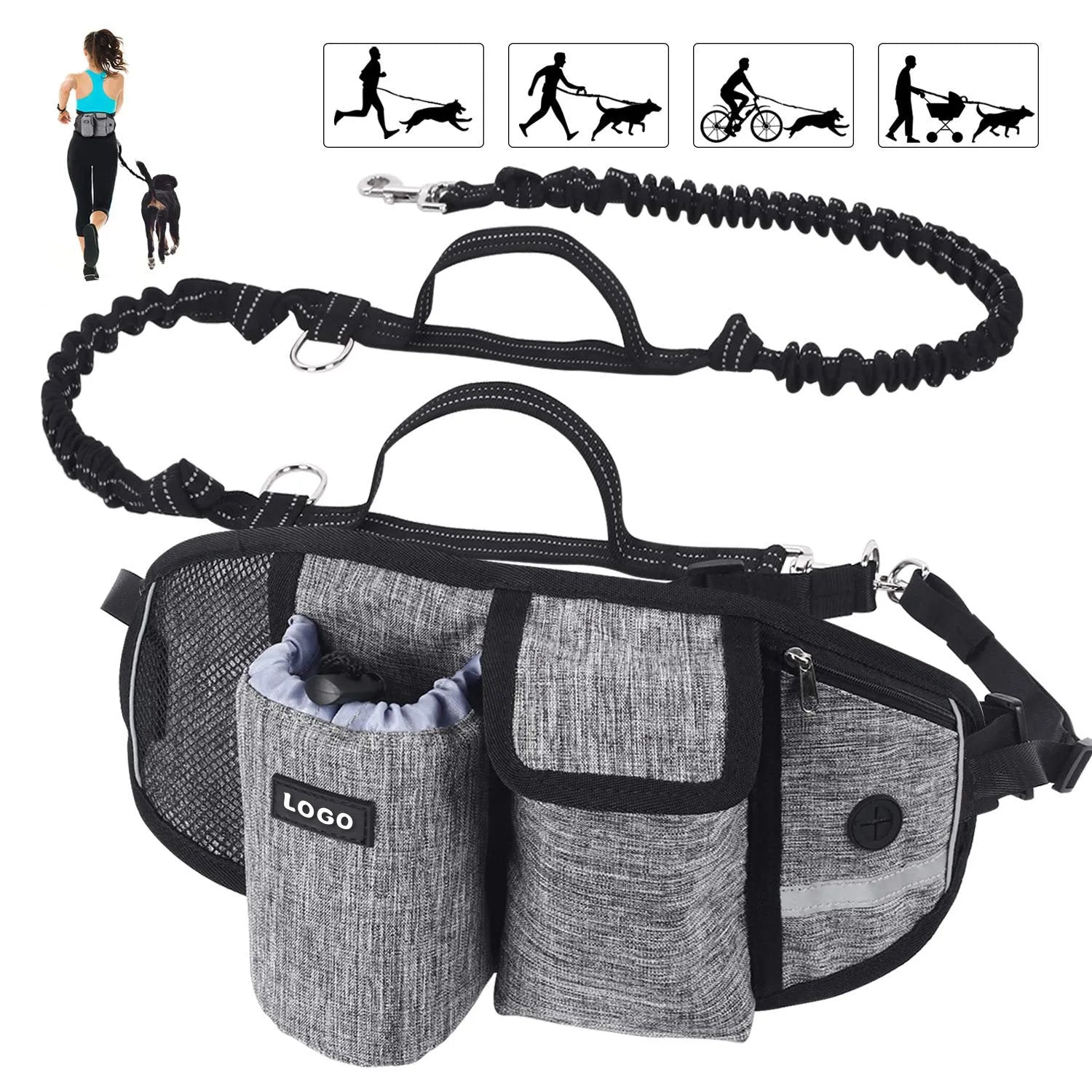 Dog training waist bag with drawstring pocket and mesh pouches for treats, clicker, and phone, in Oxford cloth, black colour