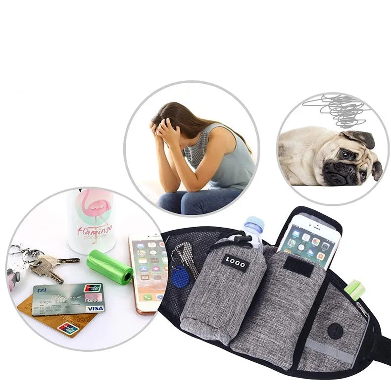 Dog training waist bag with drawstring pocket and mesh pouches for treats, clicker, and phone, in Oxford cloth, black colour