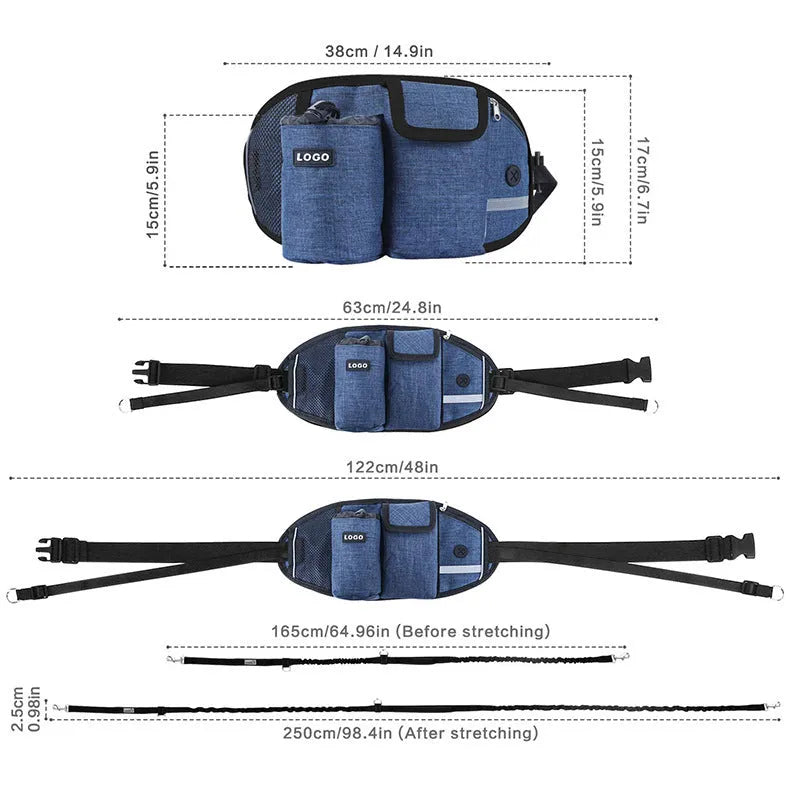 Dog training waist bag with drawstring pocket and mesh pouches for treats, clicker, and phone, in Oxford cloth, black colour