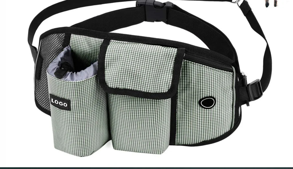 Dog training waist bag with drawstring pocket and mesh pouches for treats, clicker, and phone, in Oxford cloth, black colour