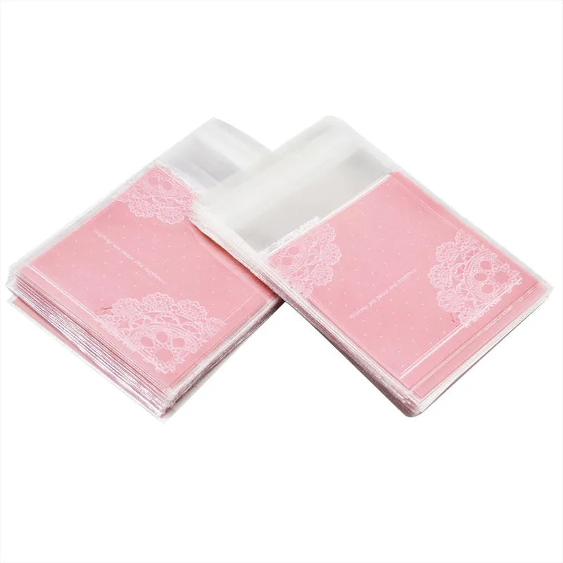 Pink self-adhesive plastic packaging bags with UV printing, shown sealed and open.
