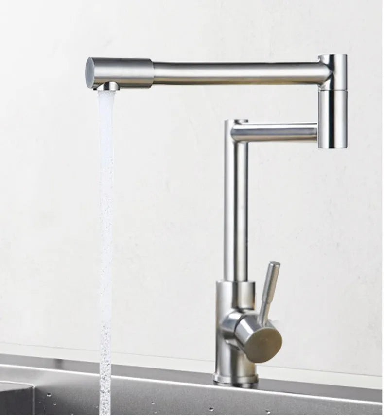Silver stainless steel household faucet with dual handles and 360-degree rotating spout
