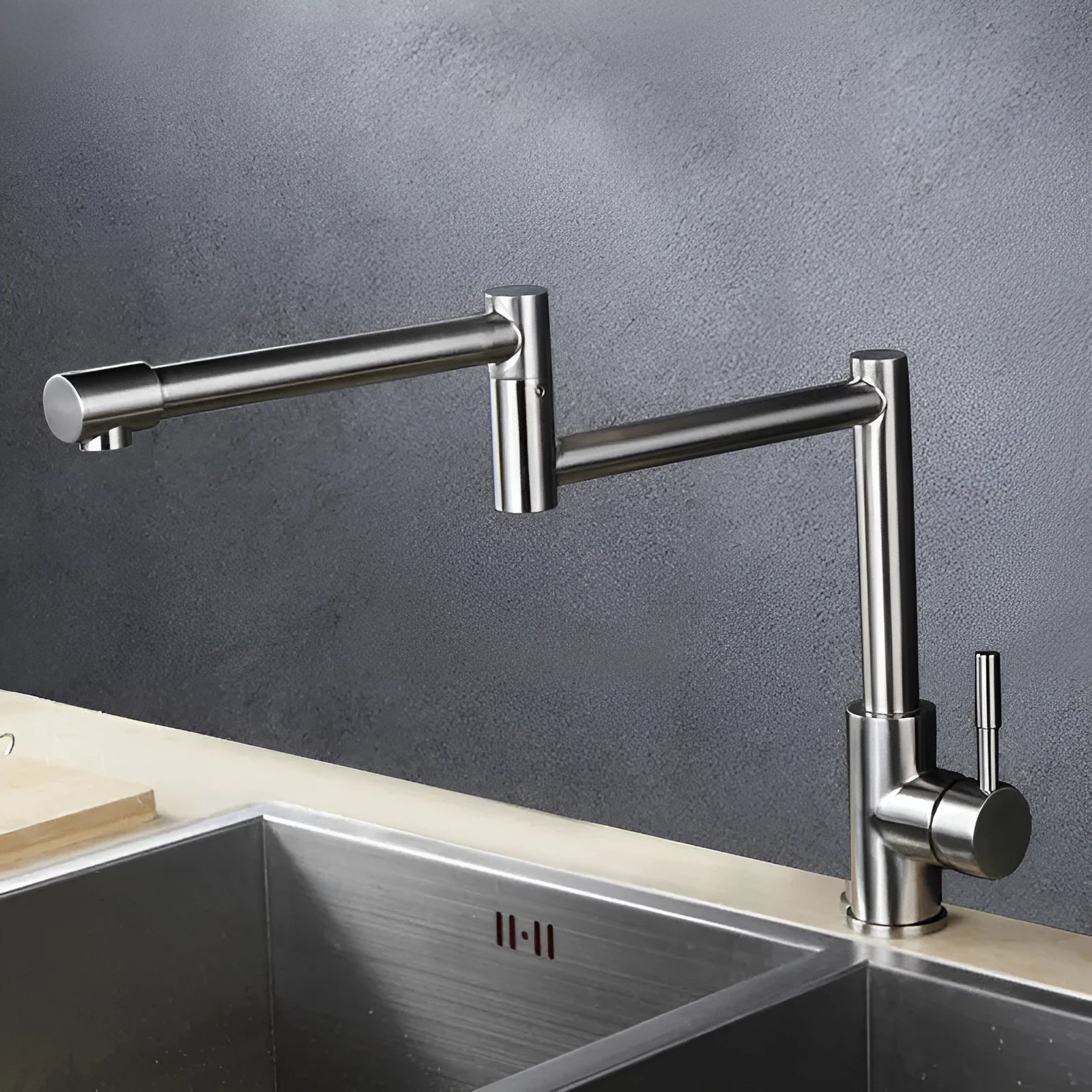 Silver stainless steel household faucet with dual handles and 360-degree rotating spout