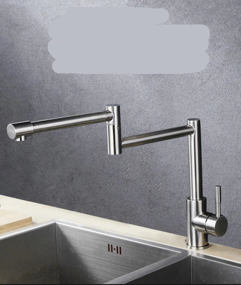 Silver stainless steel household faucet with dual handles and 360-degree rotating spout