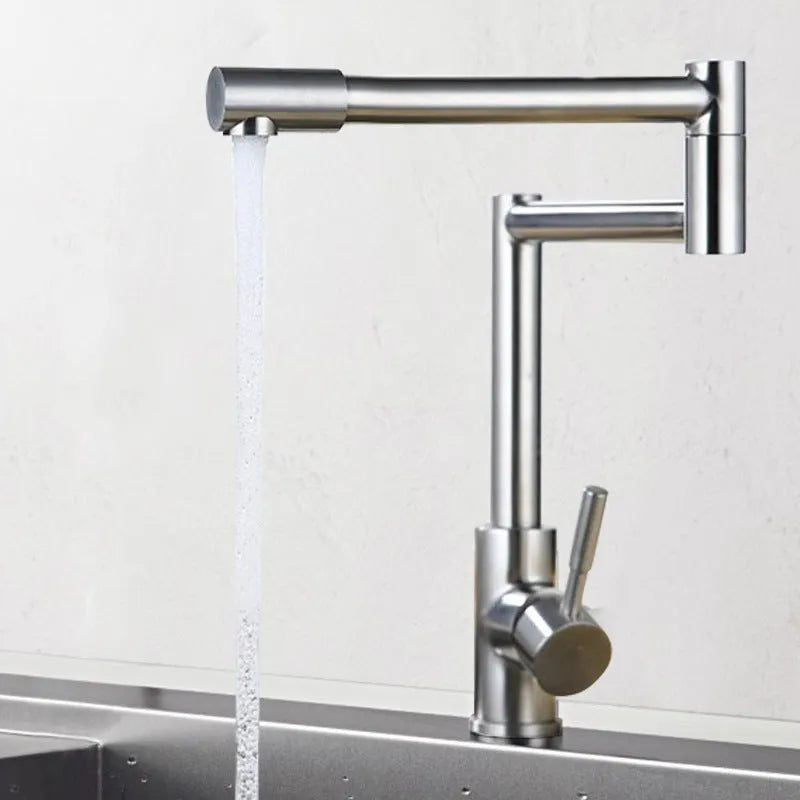 Silver stainless steel household faucet with dual handles and 360-degree rotating spout