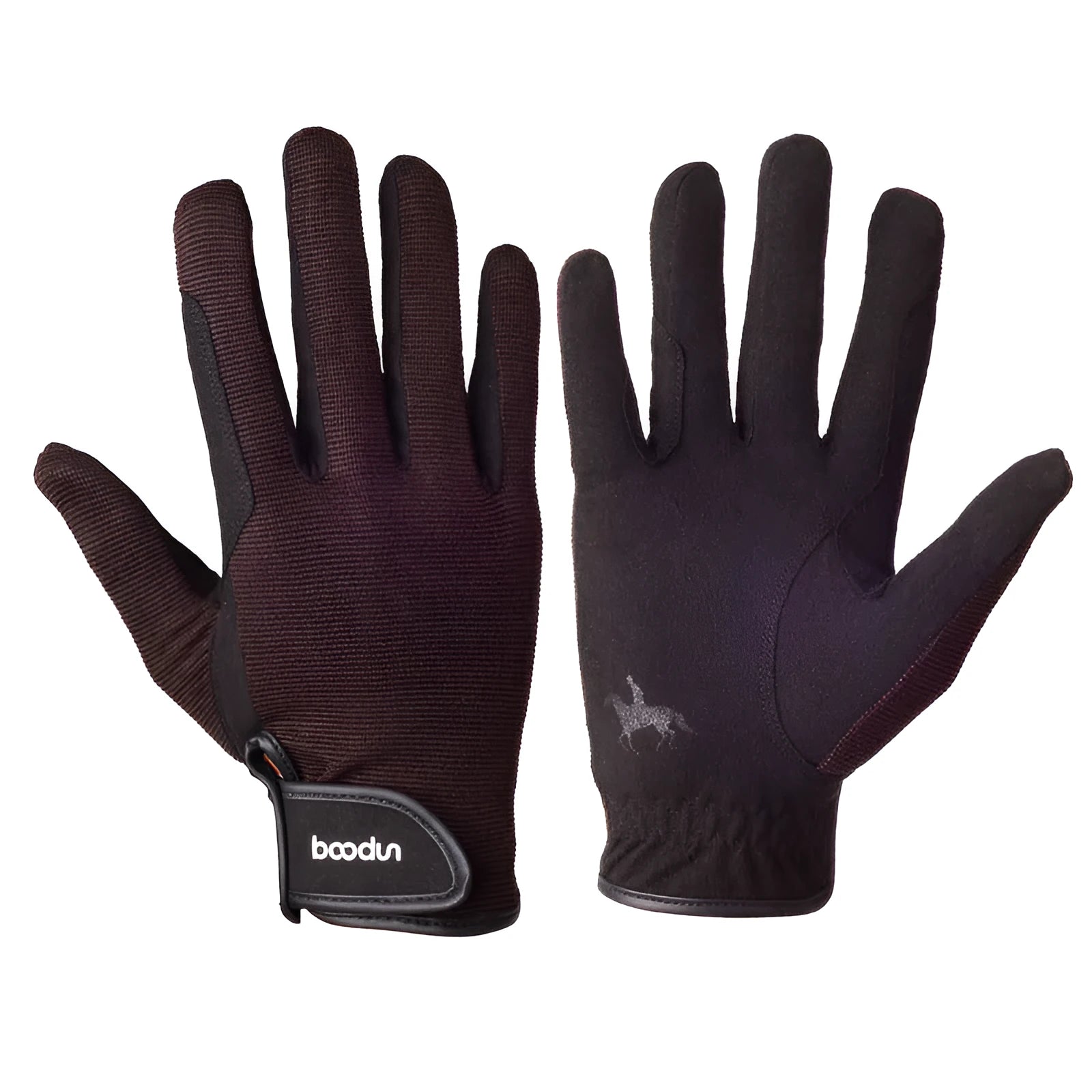 Professional horse riding gloves in brown and black with velcro strap adjustment for equestrian use