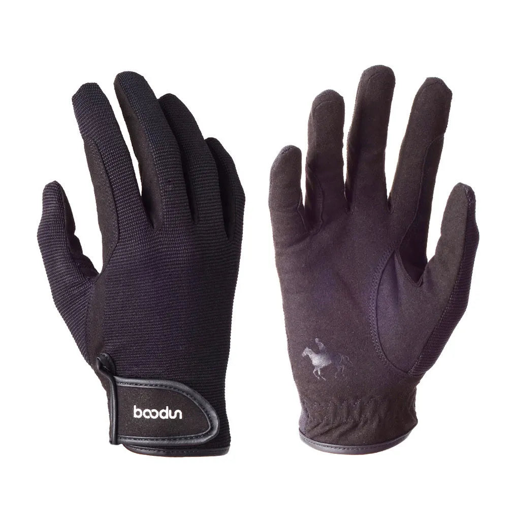 Professional horse riding gloves in brown and black with velcro strap adjustment for equestrian use