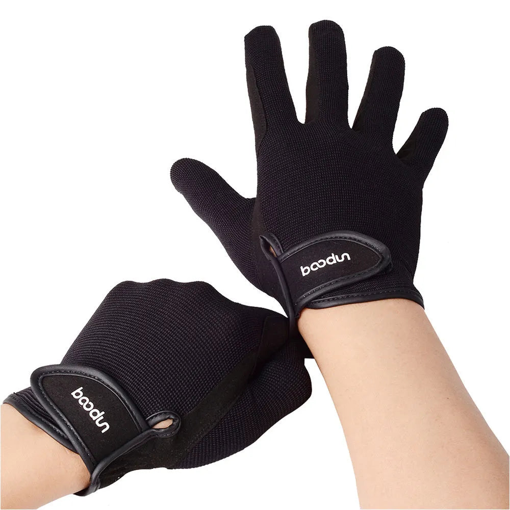 Professional horse riding gloves in brown and black with velcro strap adjustment for equestrian use