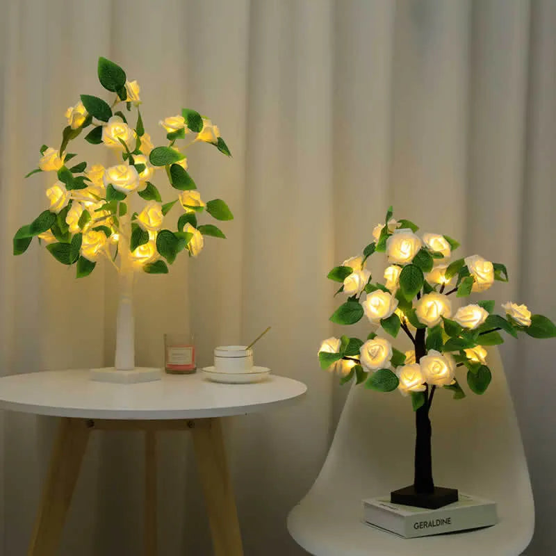 LED rose flower tree lamp with 24 warm LEDs, 55cm tall, plastic shell, colour options, indoor decoration light