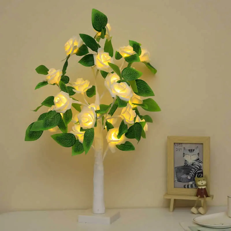 LED rose flower tree lamp with 24 warm LEDs, 55cm tall, plastic shell, colour options, indoor decoration light