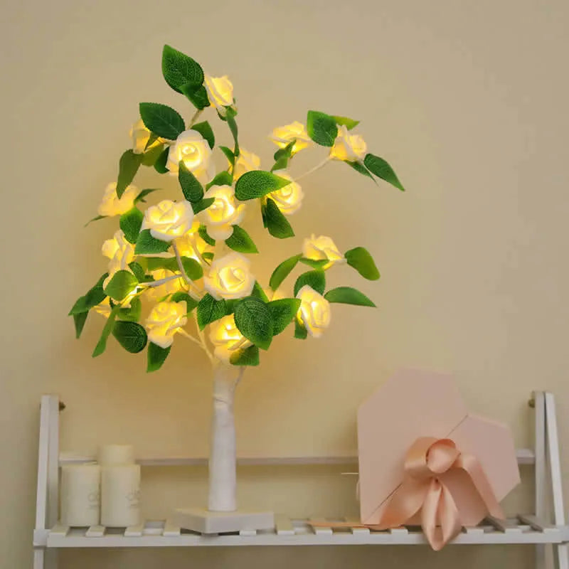 LED rose flower tree lamp with 24 warm LEDs, 55cm tall, plastic shell, colour options, indoor decoration light