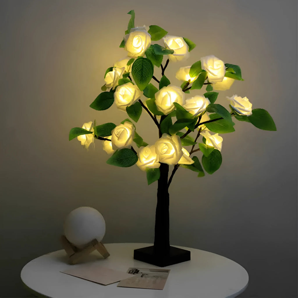 LED rose flower tree lamp with 24 warm LEDs, 55cm tall, plastic shell, colour options, indoor decoration light