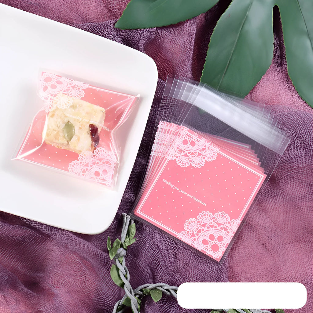 Pink self-adhesive plastic packaging bags with UV printing, shown sealed and open.