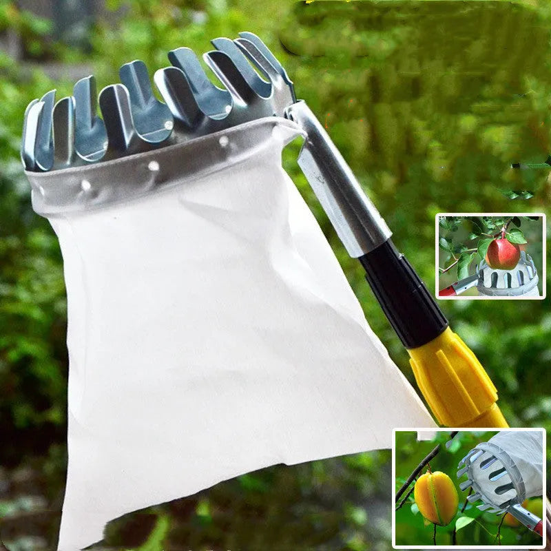 Steel frame fruit picker tool with cloth bag basket for garden harvesting