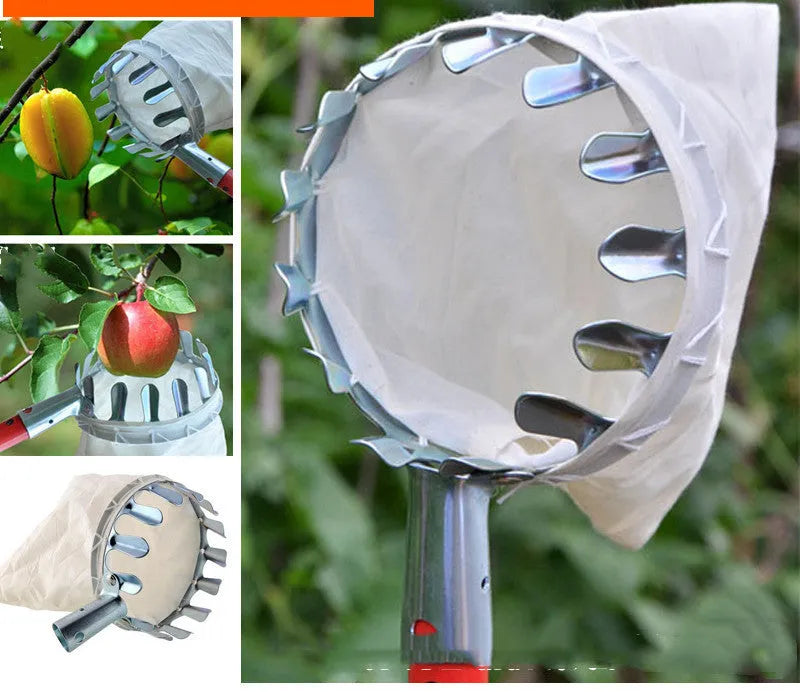 Steel frame fruit picker tool with cloth bag basket for garden harvesting