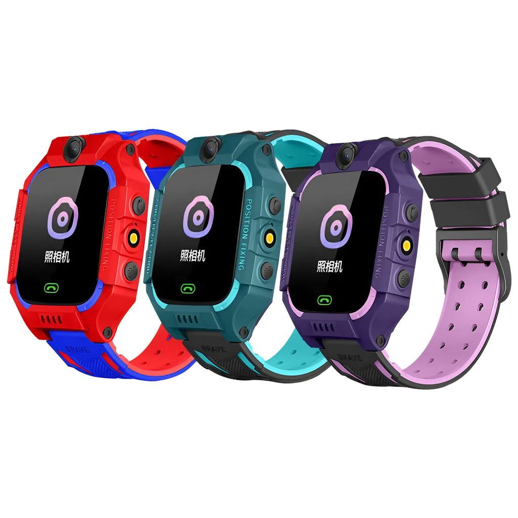 Green children's smart watch with touch screen and GPS on a wrist.