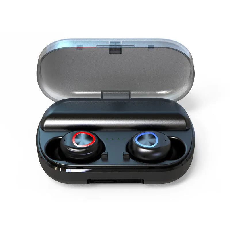 Black V8 sports wireless Bluetooth headset with earplug design showing battery display