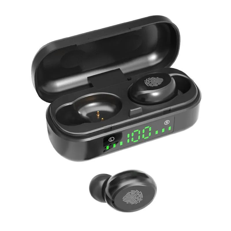 Black V8 sports wireless Bluetooth headset with earplug design showing battery display
